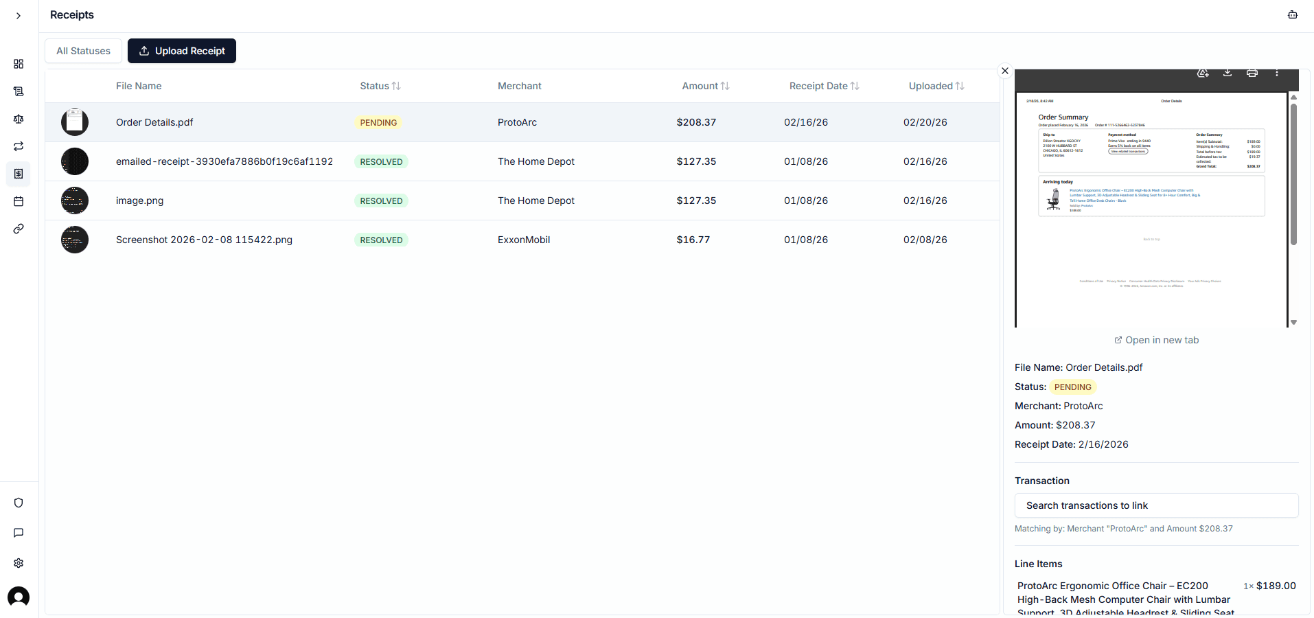 Copia receipts page screenshot