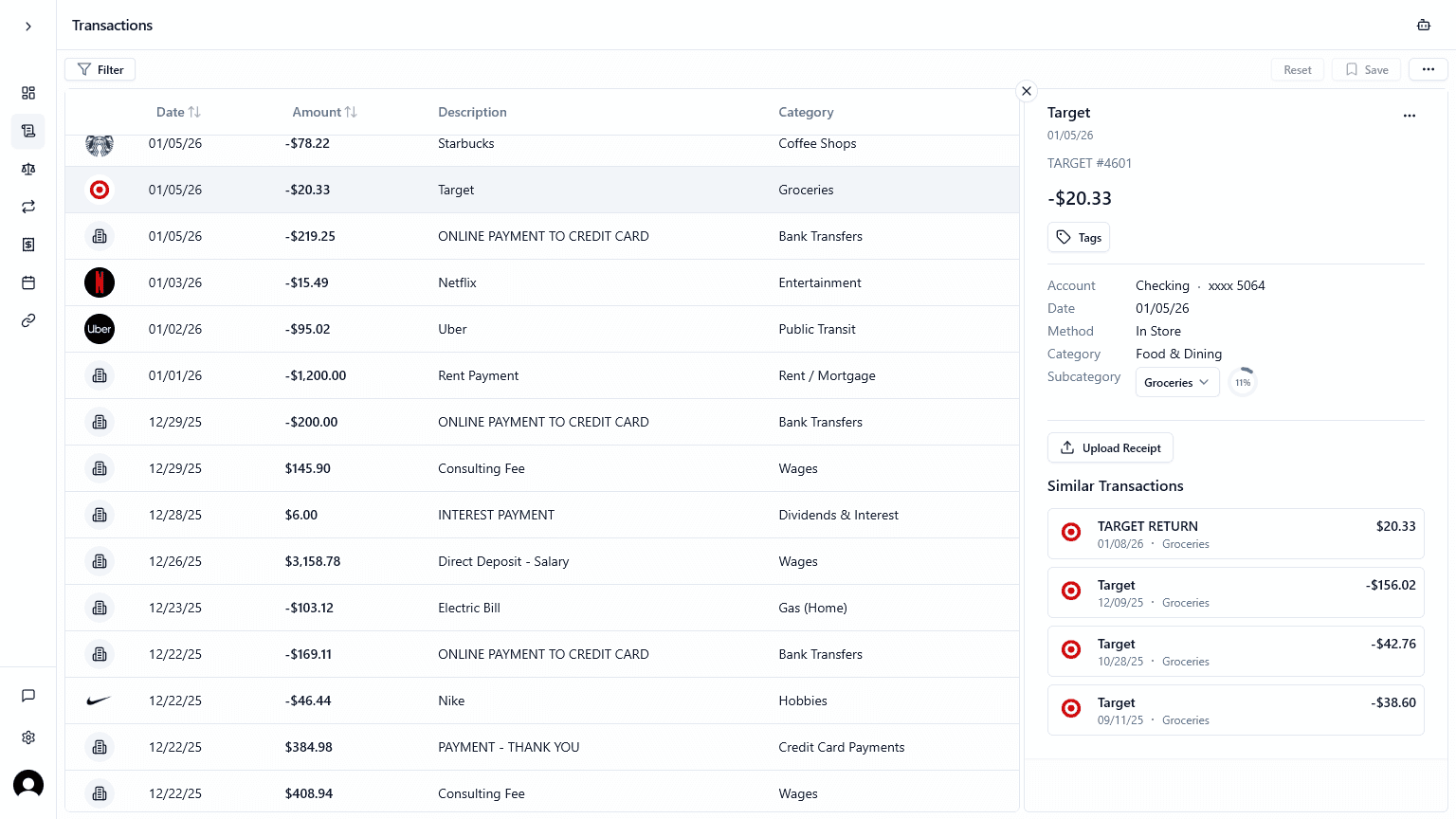 Copia transactions page screenshot