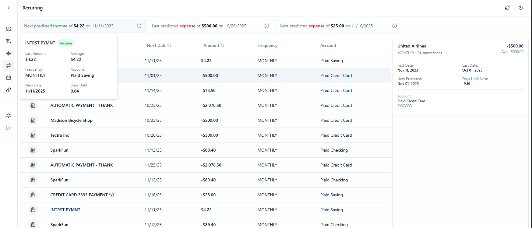 Recurring transaction page improvements
