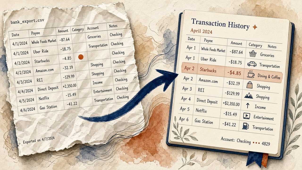 A bank CSV becoming a clean transaction history with one Starbucks row