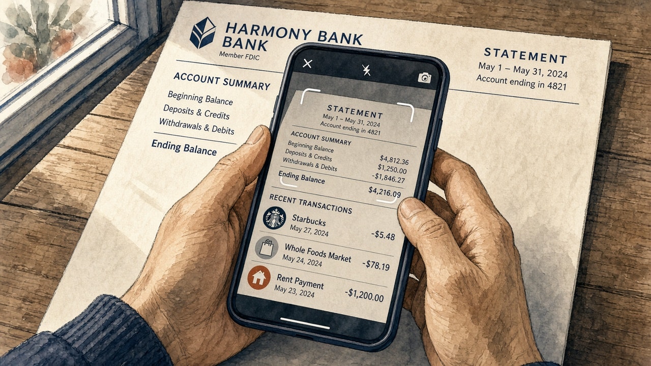 Hands photographing a printed bank statement with a phone so the transactions can be imported