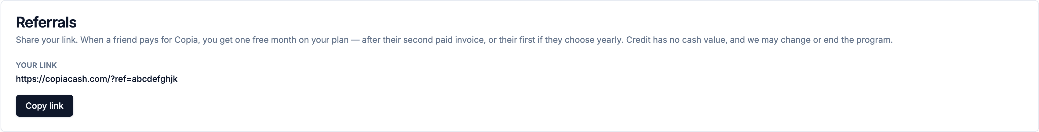 Copia Referrals page with your share link and a copy button