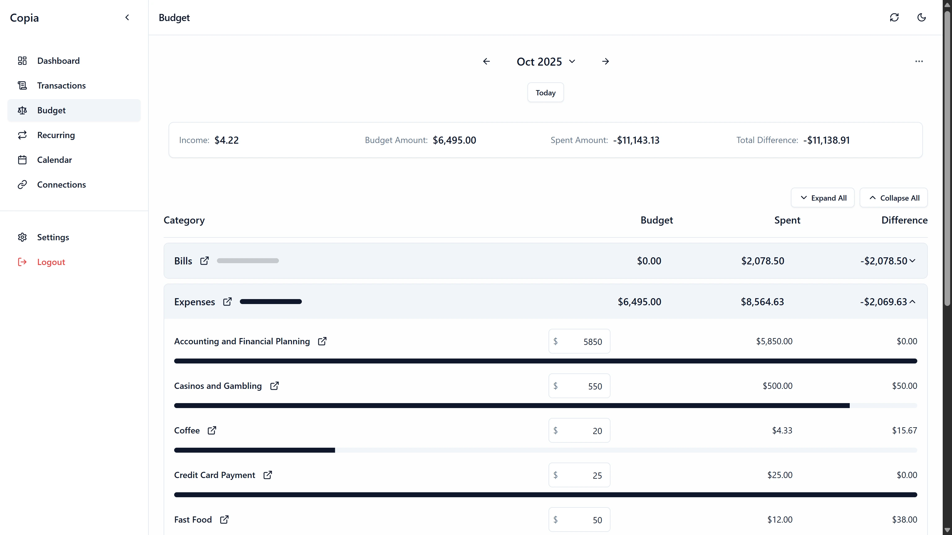 Copia budgeting tools screenshot